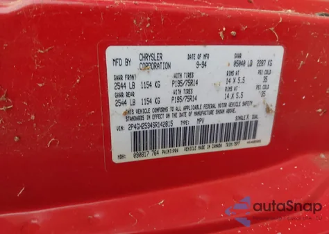 1995 Plymouth Voyager z USA, uszkodzony, nr VIN 2P4GH2534SR142815